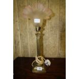 Brass Corinthian column table lamp with glass shade