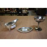Modern silver oval pin dish, silver sauce boat and silver goblet