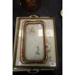2 vintage trays with hand-stitched needlework floral patterns and Japanese tray with butterfly