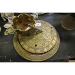 Vintage brass quaich with rose design, brass sundial with "1633" engraved and brass heavy plate with