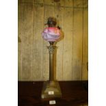 Brass Column Lamp with Pink Flowered Oil Well