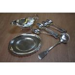 Silver plated sauce jug, ladle & 6 matching spoons