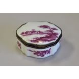 Early 19th Century French porcelain oval patch box, enamelled in puce with river scene and floral
