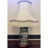 Chinese style blue and white pottery electric table lamp with wooden base and shade, 86cm high