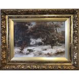 James Kinnear (c.1846-1917) - Oil painting - Gamekeeper in Winter landscape, board 37cm x 53cm,