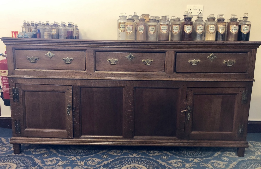 18th Century panelled oak dresser base, 188cm wide x 50cm deep x 92cm high