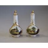 Pair early 19th Century Derby porcelain scent bottles and stoppers, enamelled with country scenes