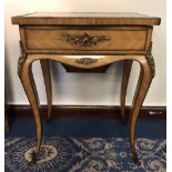 19th Century French ormolu mounted Kingwood work table, top with parquetry rectangular panel, fitted