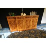 Reproduction yew wood veneer dining suite, comprising extending dining table with one extra leaf,