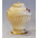 Royal Worcester Blush Ivory lidded vase, with floral painting and spiralled body, 17cm high, No.