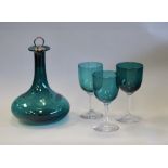 Etched green glass decanter, 20cm high, with plated cork stopper and three green bowl wine glasses
