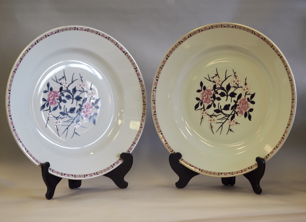 Pair modern Vista Allegre Portugese enamelled porcelain chargers, 35cm diameter