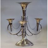 George V silver four sconce epergne of Art Nouveau design, with cast rims on lobed shaped base, by