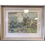 E. Cameron - Watercolour - Country Windmill, signed and dated '75, 28cm x 40cm, framed