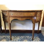 Edwardian inlaid mahogany demi-lune side table, fitted central frieze drawer, flanked by cupboards