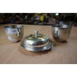 2 silver plated beakers & muffin dish