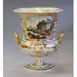 19th Century Derby porcelain two handled urn, enamelled with scene 'In Italy', within gilt rims,