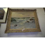 20thC oil painting - Coastal scene, indistinctly signed in gilt moulded and swept frame