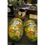 Modern pottery Owl cookie jar and a Chicken Tea Party cardboard egg