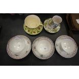 3 teabowls, Delia Robbia tea cup and saucer, Majolica etc