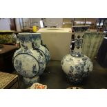 Pair of 19th Century Delft Blue & White Porcelain Moon Flasks & Early 20th Century Delft Blue &