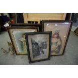 4 Victorian Prints & Chandelier