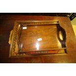 Wooden tray with incised decoration and 2 others