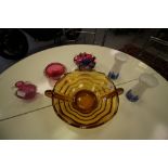 A large Art Deco glass bowl, Murano glass bowl, 2 Cranberry bowls and pair of other vases