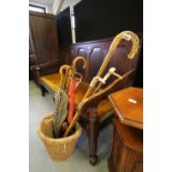 3 Antler/horn handled sticks and shooting stick and wicker basket