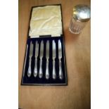 Set of 6 Silver Handled Fruit Knives & Silver Top Pot