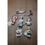 Box of 1920s porcelain pin cushion dolls