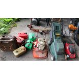 Three lawn mowers, five fuel cans and metal water can