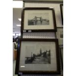 Pair of vintage prints of Tower Bridge and Houses of Parliament in pen and ink with mahogany and
