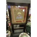 Oak and embroidered folding firescreen Lancashire Fusilier's- Egypt. Embroidered on khaki