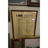 Framed LMS Wellingborough Station Time Table (May-July 1939)
