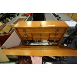 Handmade oak fishing chest containing flies, line etc