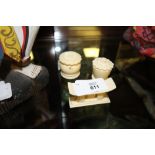 Pair antique ivory salt & pepper pots (pepper A/F) & an antique ivory model of an Ashanti stool