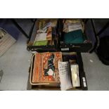 3 Boxes of Needlework, box of material, 11 needlework books, cat needlework box plus contents and