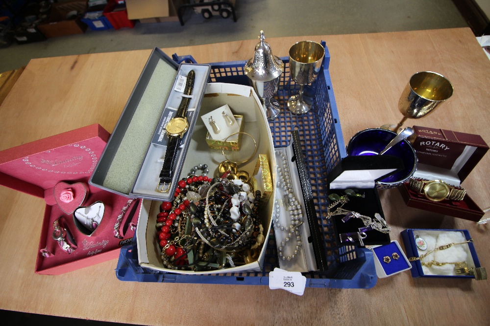 Box of Silver Plate & Costume Jewellery, watches etc