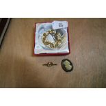 9ct Gold Brooch, Silver Cameo Brooch & Pearl Gilt Brooch