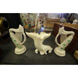 2 Belleek porcelain harps and cornucopia