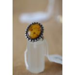 Silver and amber oval ring size N