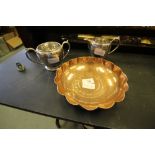 Copper dish and 2 pc plated tea service