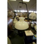 Hanging oil lamp with milk glass shade