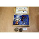 Clark & Co Sewing Box containing needlework tools and 7 decorative silver plate thimbles