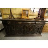 Solid Oak Arts & Crafts Sideboard by Waring & Gillows, hand beaten copper handles, stamped on drawer