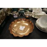 Copper dish and 2 pc plated tea service