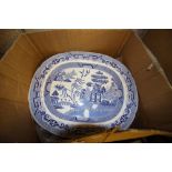 Box of Willow pattern meat plates and other blue and white china