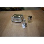 2 silver perfume bottles and silver plated jewellery box