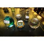 3 Glass Paperweights including Monart & Caithness & Serpentine Inkwell